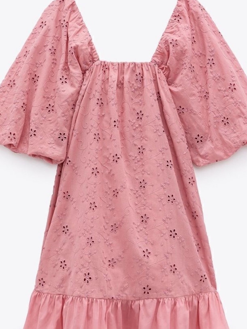 NWT ZARA Eyelet Embroidered Puff Sleeve Babydoll Mini Dress in Pink XS
